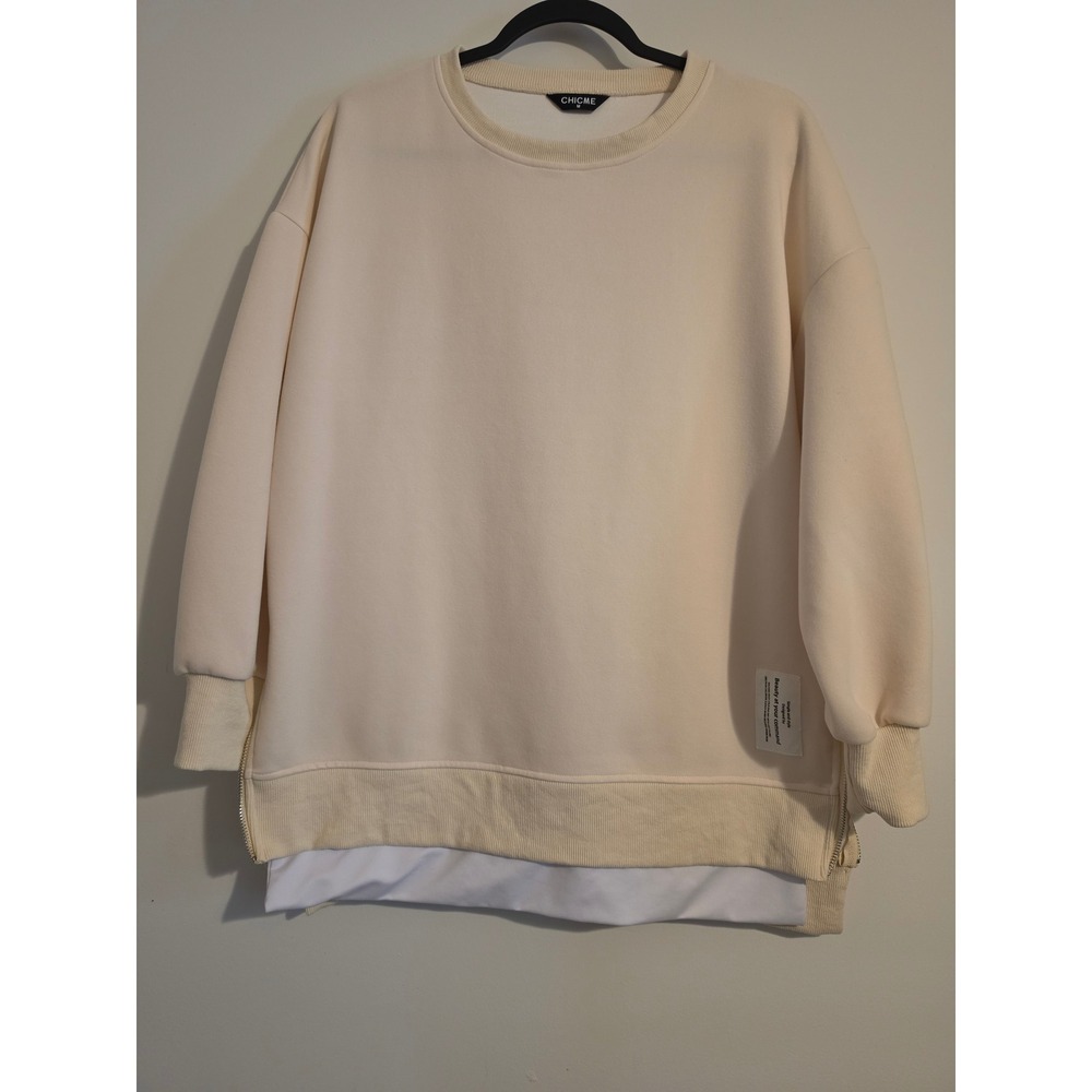 ChicMe Sweatshirt Womens M Cream Polyester Oversized Side Zip Layered Minimalist